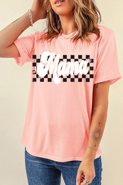 "MAMA" Checkered Round Neck Short Sleeve T-Shirt