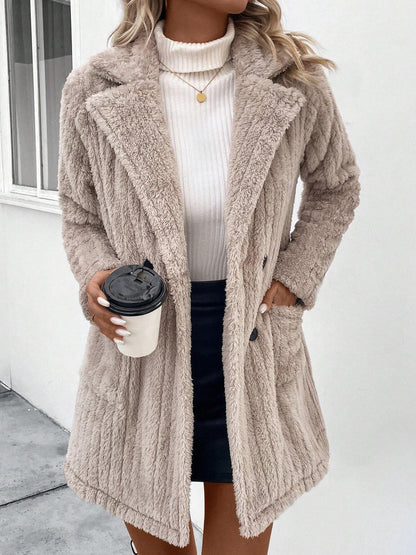 Calista Fuzzy Button Up Long Sleeve Coat with Pockets
