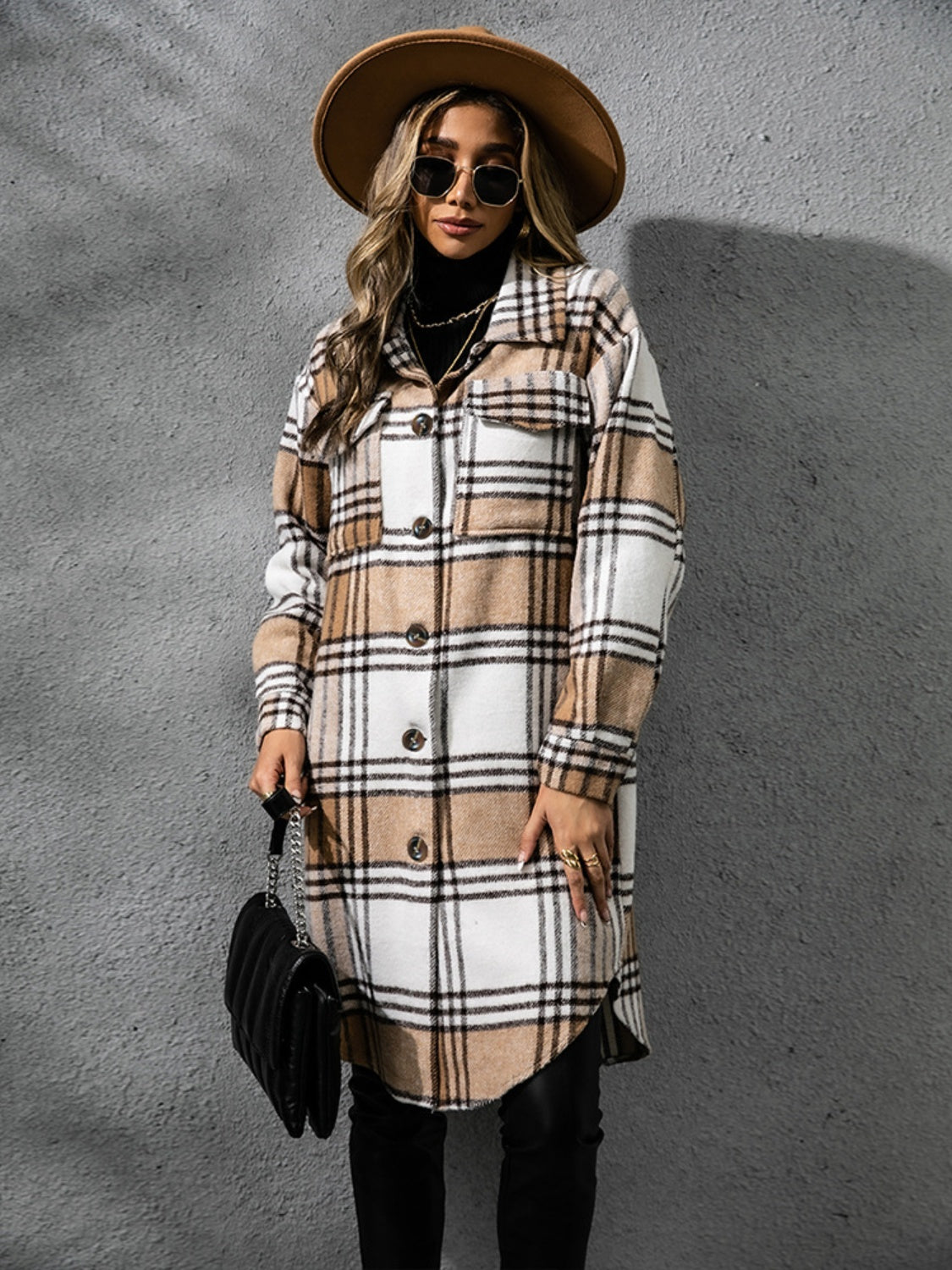 Lana Plaid Collared Neck Long Sleeve Coat